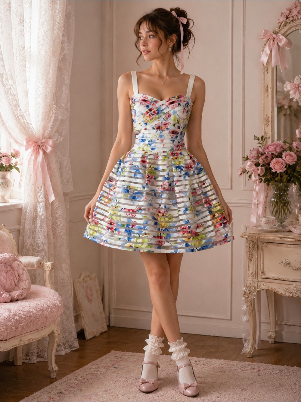 Floral Garden Party Corset Dress Fit & Flare Summer‎ Coquette Mini Dress Size M
